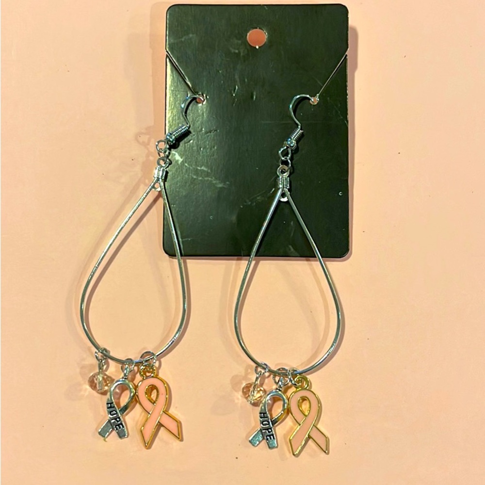 Handmade Breast Cancer Dangling earring with Pink, Silver Ribbons & Crystal Bead